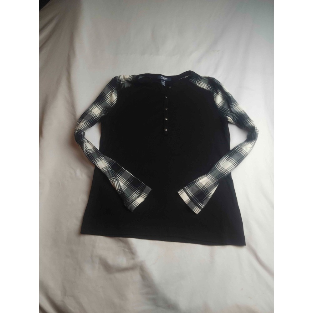 Chaps Denim Henley Shirt Womens Small Black Plaid Knit Long Sleeve Casual Top